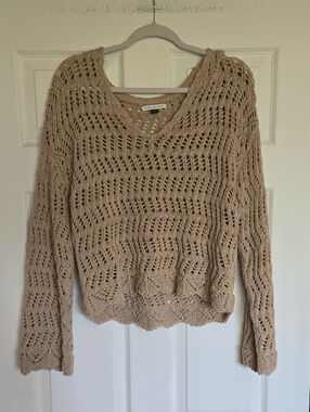American Eagle Woven Open-Knit V-Neck Sweater - Tan Medium